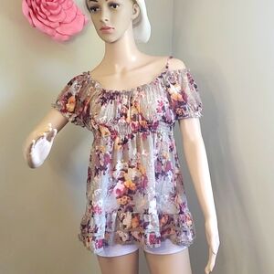 Pretty Floral Print off the shoulder blouse Boho Country Western Farm